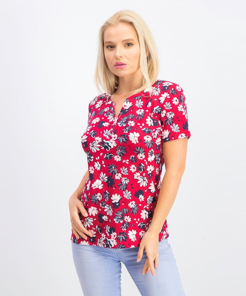 Karen Scott Women's Liberty Daisy Printed Henley Top Red/Blue  Size Petite Small
