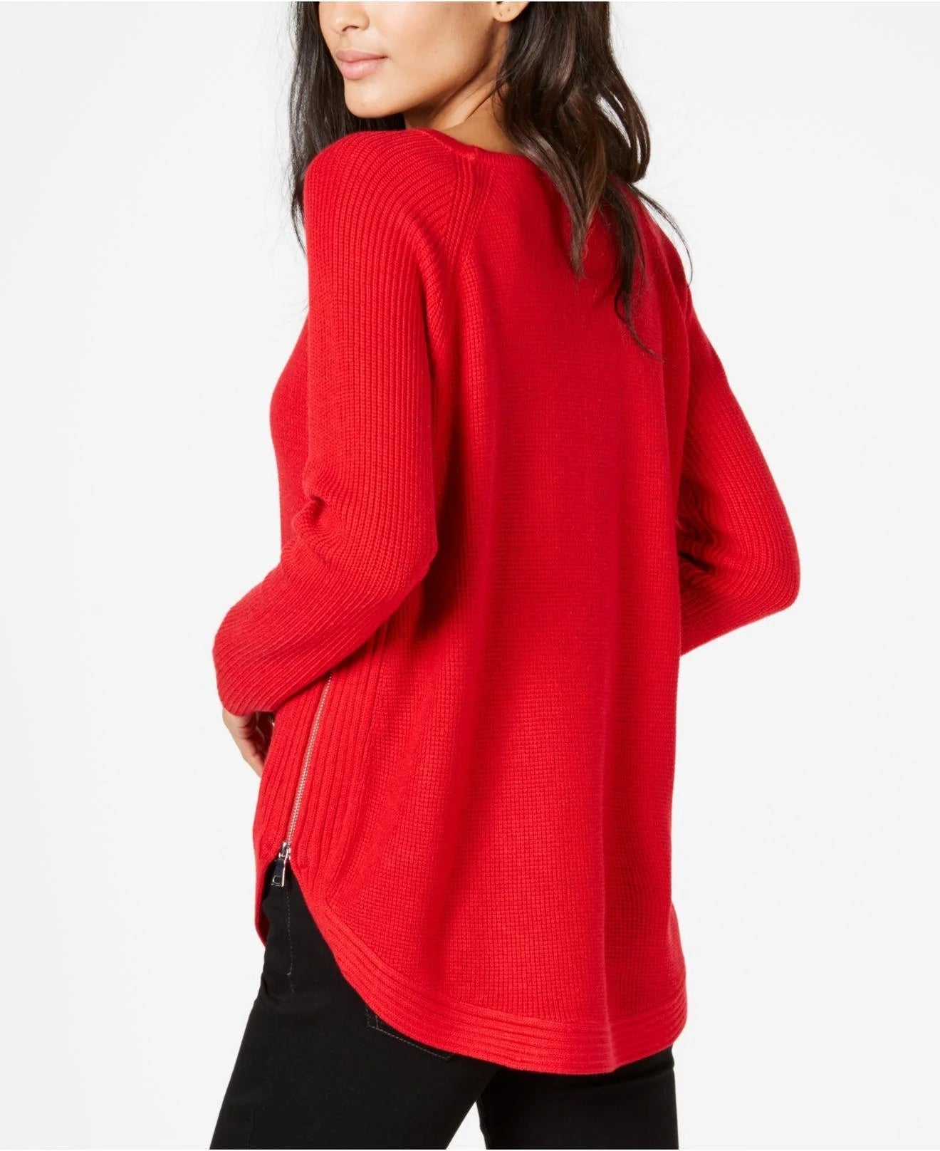 INC International Concepts Women's Waffle-Knit Side-Zip Tunic Sweater  Red Size X-Small