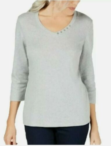 Karen Scott Women's Gray Heather 3/4 Sleeve Jewel Neck Top Grey Size Small