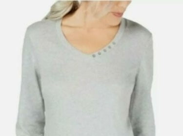 Karen Scott Women's Gray Heather 3/4 Sleeve Jewel Neck Top Grey Size Small