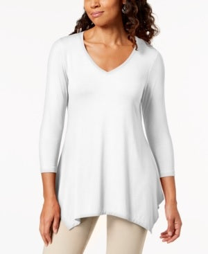 JM Collection Women's V-Neck Handkerchief-Hem Top White Size Large