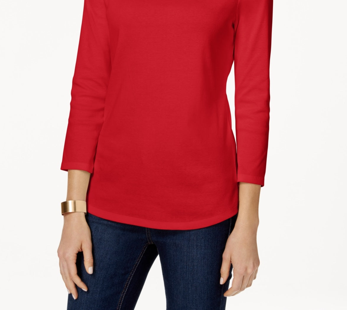 Charter Club Women's Pima Cotton Button Shoulder Top Red Size Petite Medium