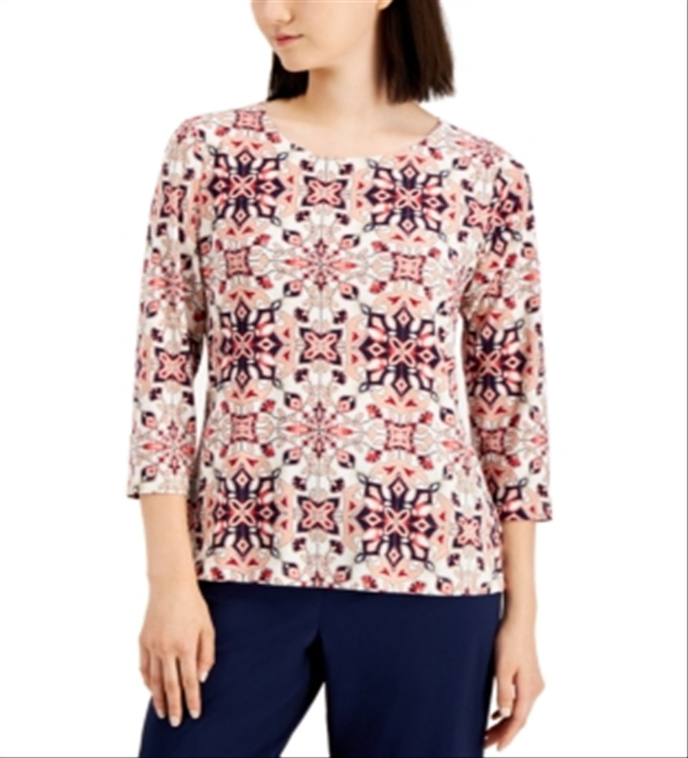 JM Collection Women's Geometric Print Scoop Neck Top Pink Size X-Large