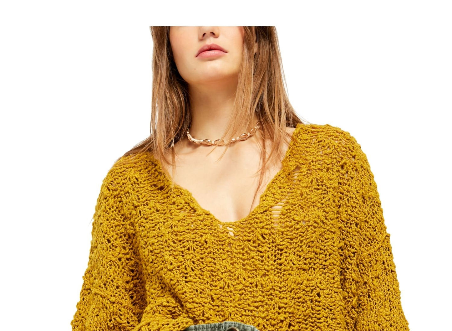 Free People Women's Textured V Neck Sweater  Size Yellow Size Large