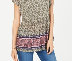 Style & Co Women's Flutter Sleeve Printed Peplum Top Green  Size PP