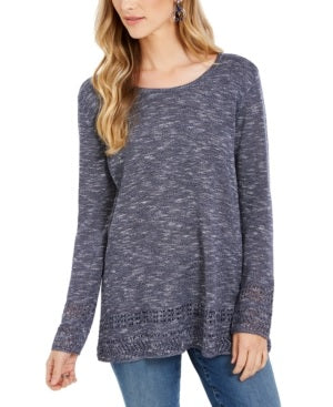 Style & Co Women's Pointelle Trim Marled Tunic Sweater Blue Size X-Small