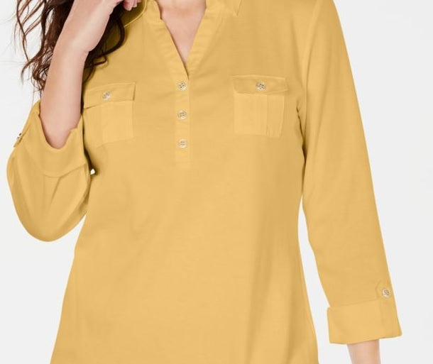 Karen Scott Women's Woven Split Neck Top Orange Size Small