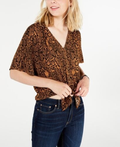 Ultra Flirt Junior's Solid Tie Front Top Brown  Size Medium