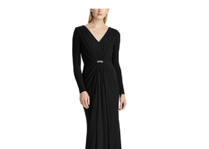 Ralph Lauren Women's Rhinestone Long Sleeve V Neck Maxi Fit Flare Evening Dress Black Size 12