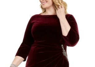 Alex Evenings Women's Embellished Zippered 3/4 Sleeve Jewel Neck Knee Length Sheath Formal Dress  Wine  Size 22W