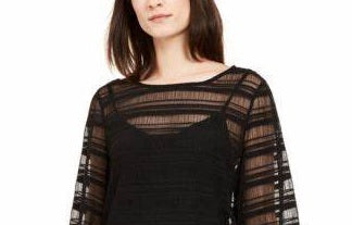 Alfani Women's Petite Sheer-Stripe Balloon-Sleeve Top Black Size Petite Medium