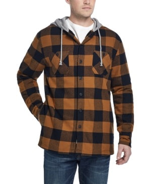 Weatherproof Vintage Men's Plaid Sherpa Lined Shirt Jacket With Hood Brown Size XL