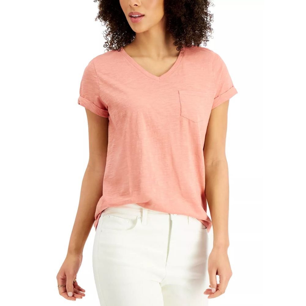 Style & Co Women's Burnout V Neck T-Shirt Pink Size Small