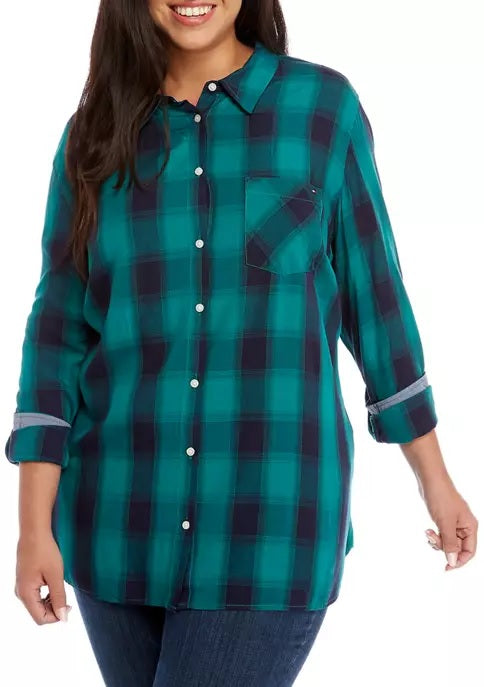 Tommy Hilfiger Women's Plus Size Plaid Shirt Green Size 3X