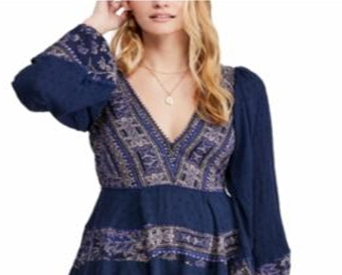 Free People Women's Long Sleeve Above the Knee Dress Blue Size Small