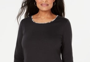 Karen Scott Women's Patterned 3/4 Sleeve Jewel Neck Top Black Size Small
