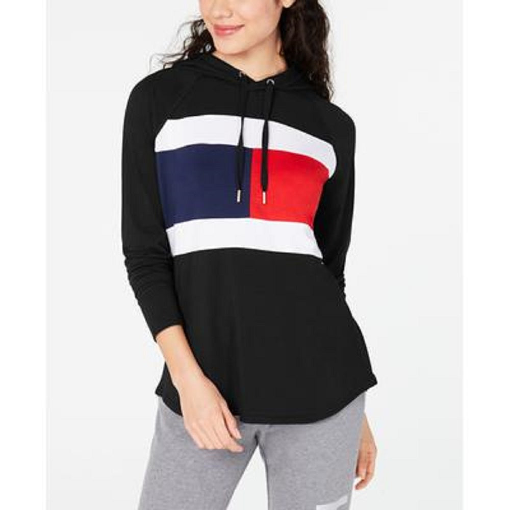 Tommy Hilfiger Womens Color Block Long Sleeve Hoodie Top Black Size Large