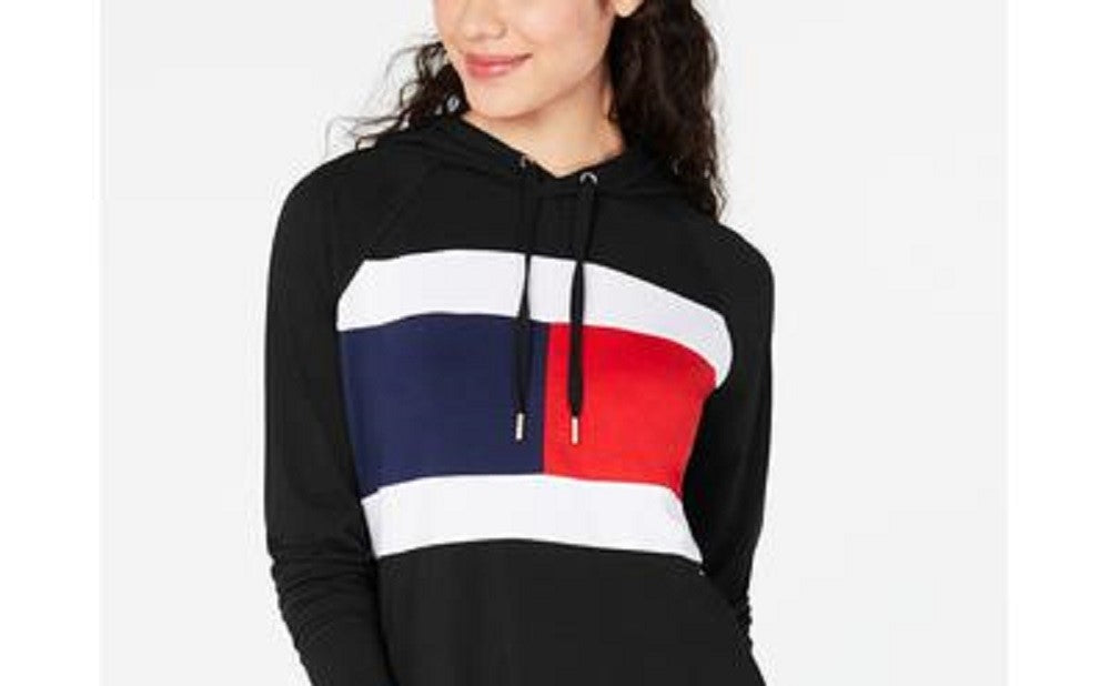 Tommy Hilfiger Womens Color Block Long Sleeve Hoodie Top Black Size Large