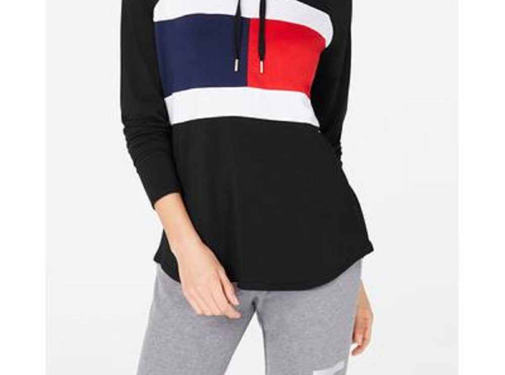 Tommy Hilfiger Womens Color Block Long Sleeve Hoodie Top Black Size Large