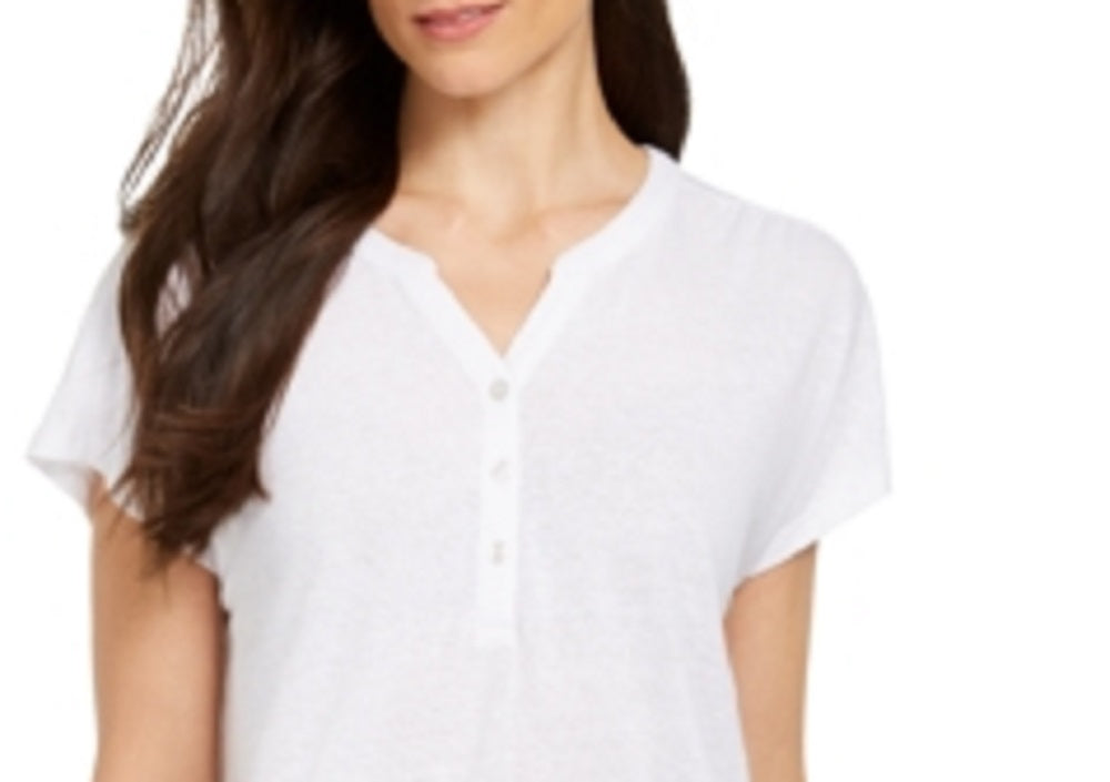 Style & Co Women's Dolman Sleeve Henley Linen Blend Top White Size Small