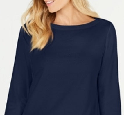 Karen Scott Women's Cotton Boat Neck 3/4 Sleeve Knit Top Blue Size Small