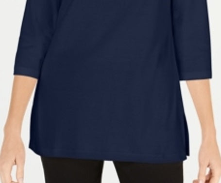 Karen Scott Women's Cotton Boat Neck 3/4 Sleeve Knit Top Blue Size Small