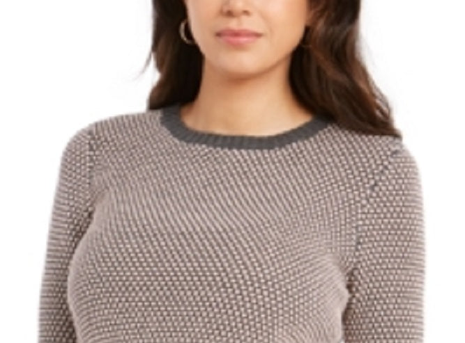 Charter Club Women's Ribbed Patterned Long Sleeve Jewel Neck Sweater Gray Size Large