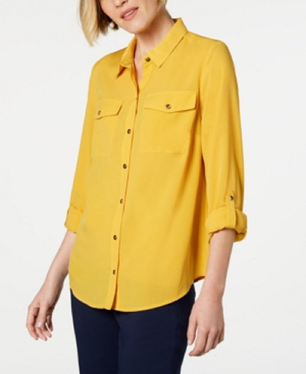 Charter Club Women's Solid Button Up Shirt Yellow Size Petite Medium