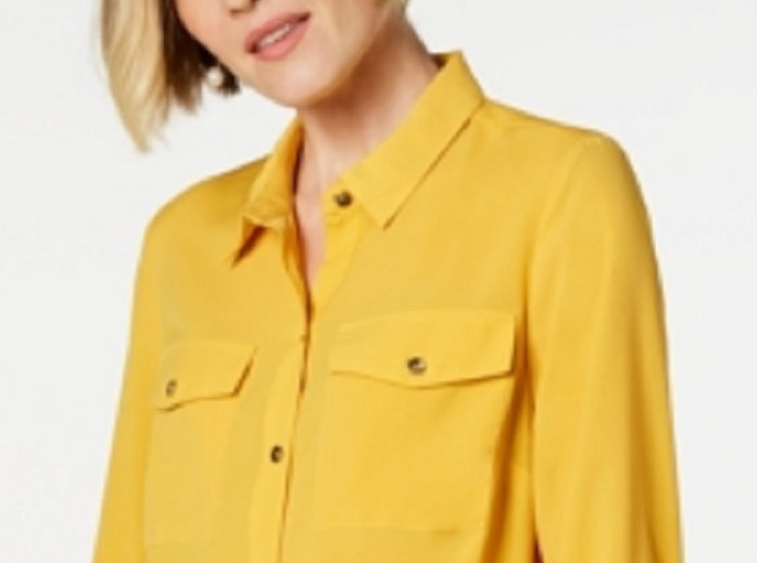 Charter Club Women's Solid Button Up Shirt Yellow Size Petite Medium