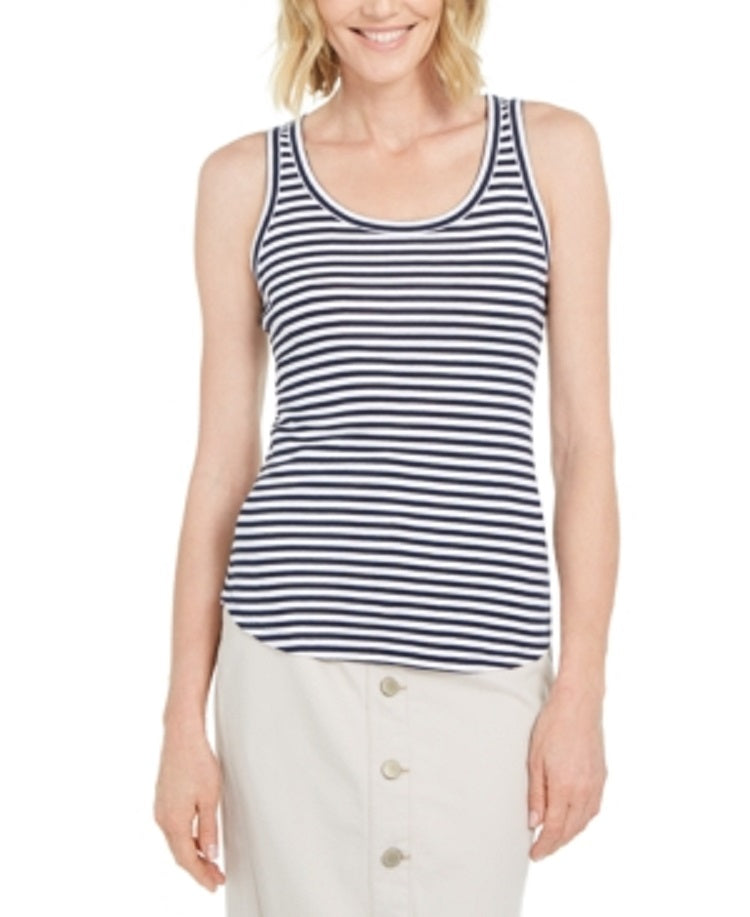Charter Club Women's Striped Scoop Neck Tank Top Dark Blue/ White Size Large