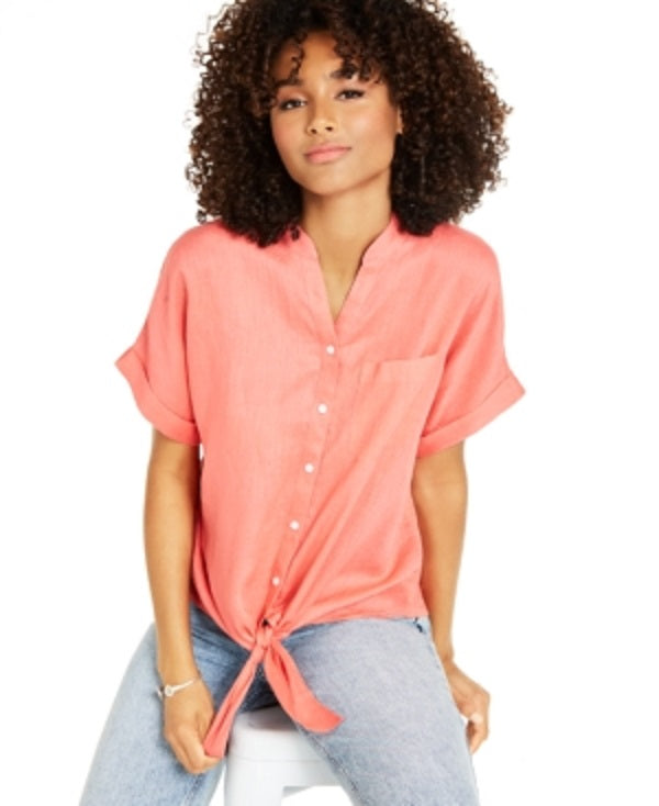 Charter Club Women's Linen Tie Front Shirt Coral Petite Small