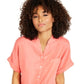 Charter Club Women's Linen Tie Front Shirt Coral Petite Small