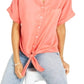 Charter Club Women's Linen Tie Front Shirt Coral Petite Small