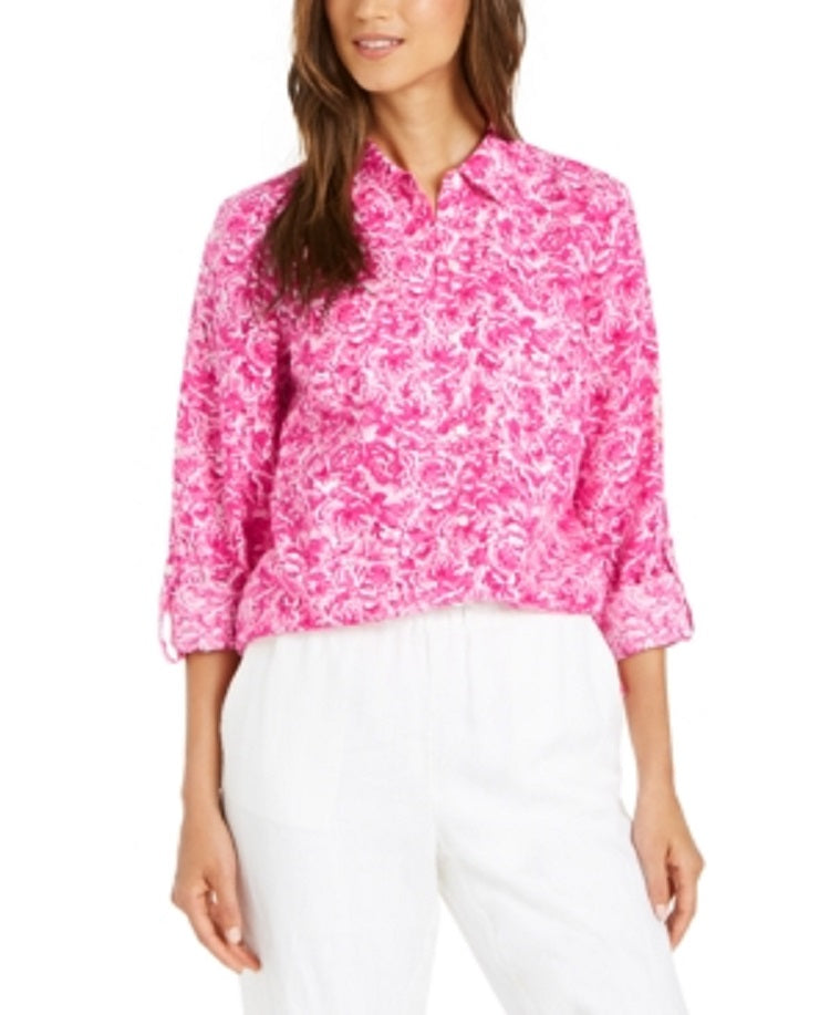 Charter Club Women's Linen Printed Blouse Pink Size X-Large