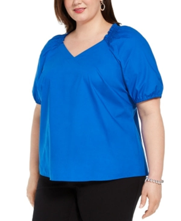 Alfani Women's Ruffled Smocked V Neck Peasant Top Blue Size 2X