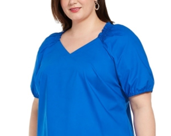 Alfani Women's Ruffled Smocked V Neck Peasant Top Blue Size 2X