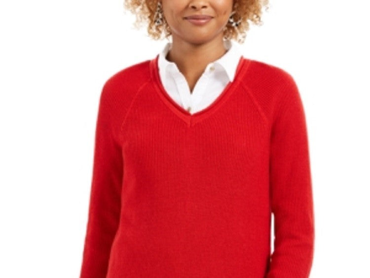 Charter Club Women's Solid Long Sleeve V Neck T-Shirt Top Red Size Small