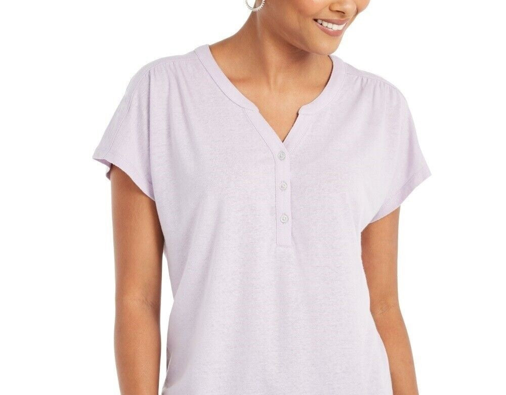 Style & Co Women's Dolman Sleeve Henley Linen Blend Top Purple Size X-Large