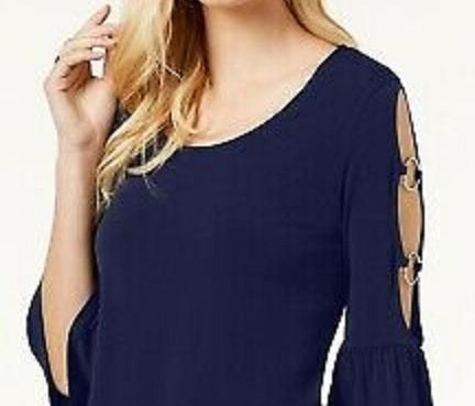 JM Collection Women's Ring Detailed Cutout Ruffle Sleeved Top Blue Size X-Small