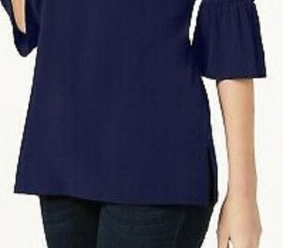 JM Collection Women's Ring Detailed Cutout Ruffle Sleeved Top Blue Size X-Small