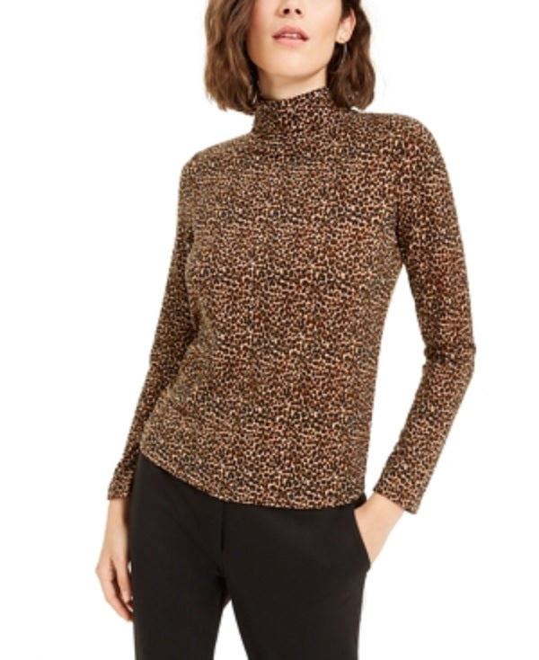 Bar III Women's Animal Print Turtleneck Top truffle Brown Size Medium