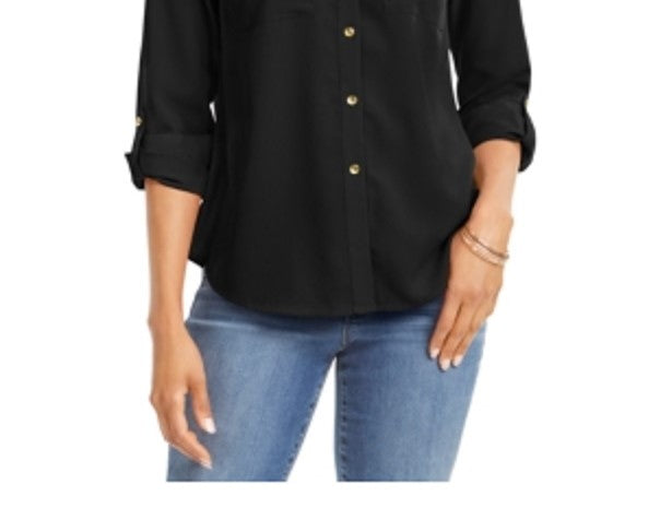 Charter Club Women's Button Front Shirt Black Size Small