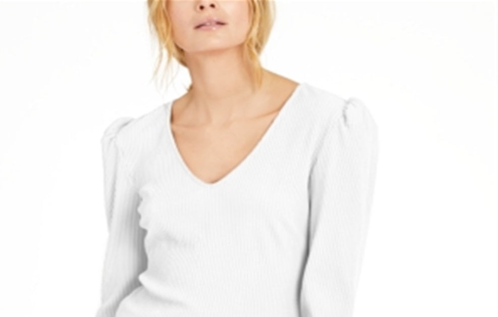 INC International Concepts Women's  Puff Shoulder Ribbed Top White Size Petite S