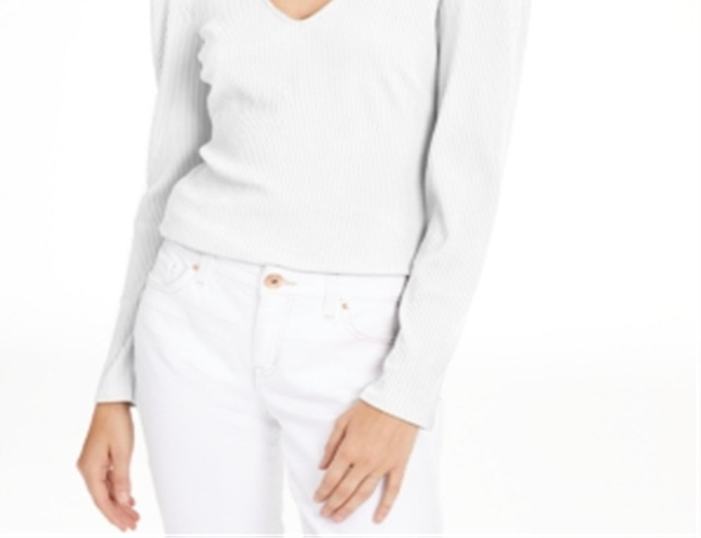 INC International Concepts Women's  Puff Shoulder Ribbed Top White Size Petite S