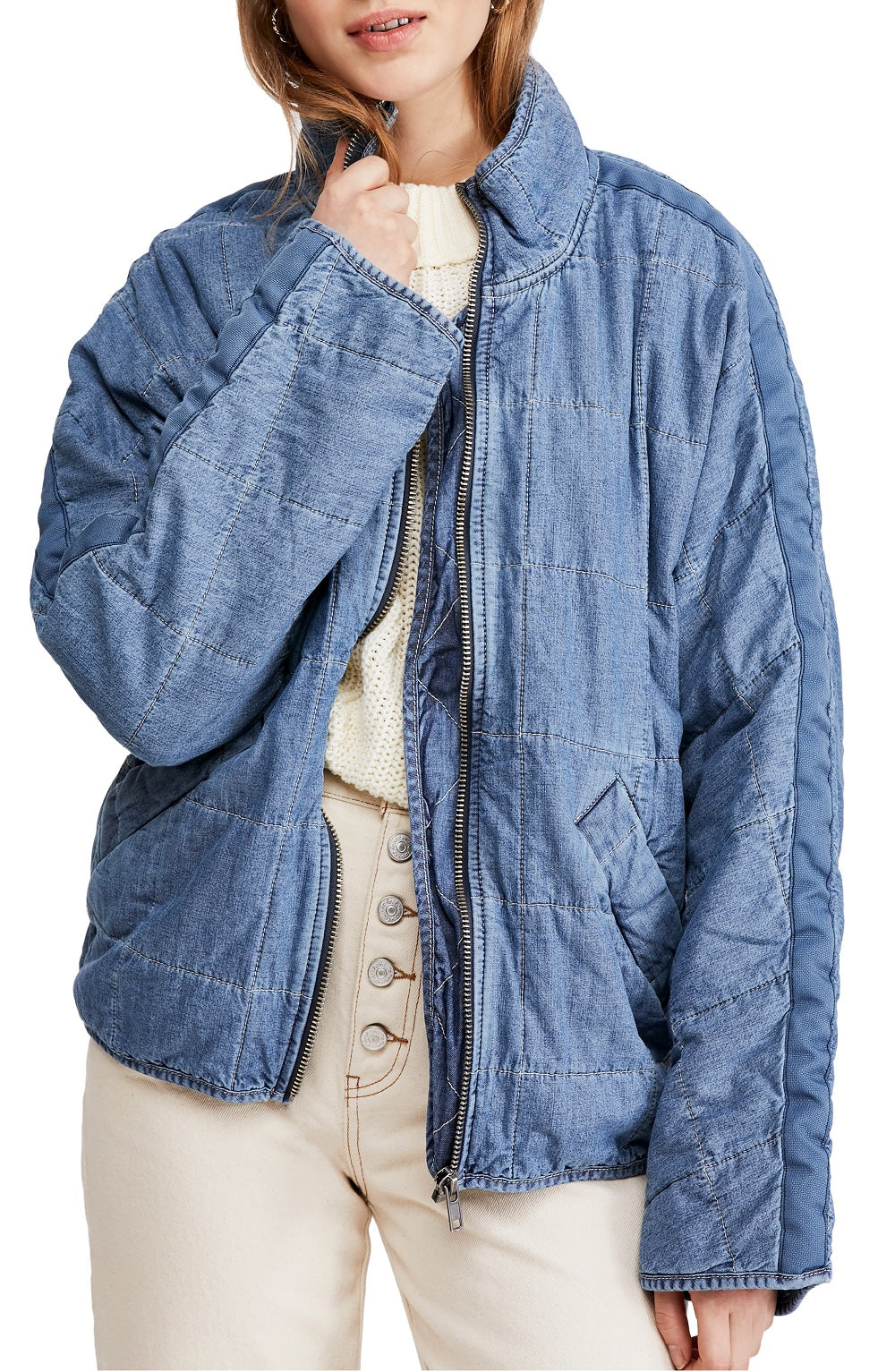 Free People Women's Dolman Quilted Denim Jacket Blue Size X-Small