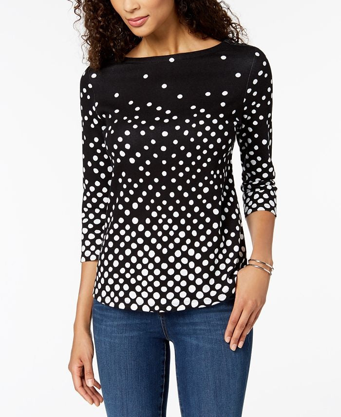 NOSTOCK Charter Club Women's Button Shoulder Print Top Black Size Medium