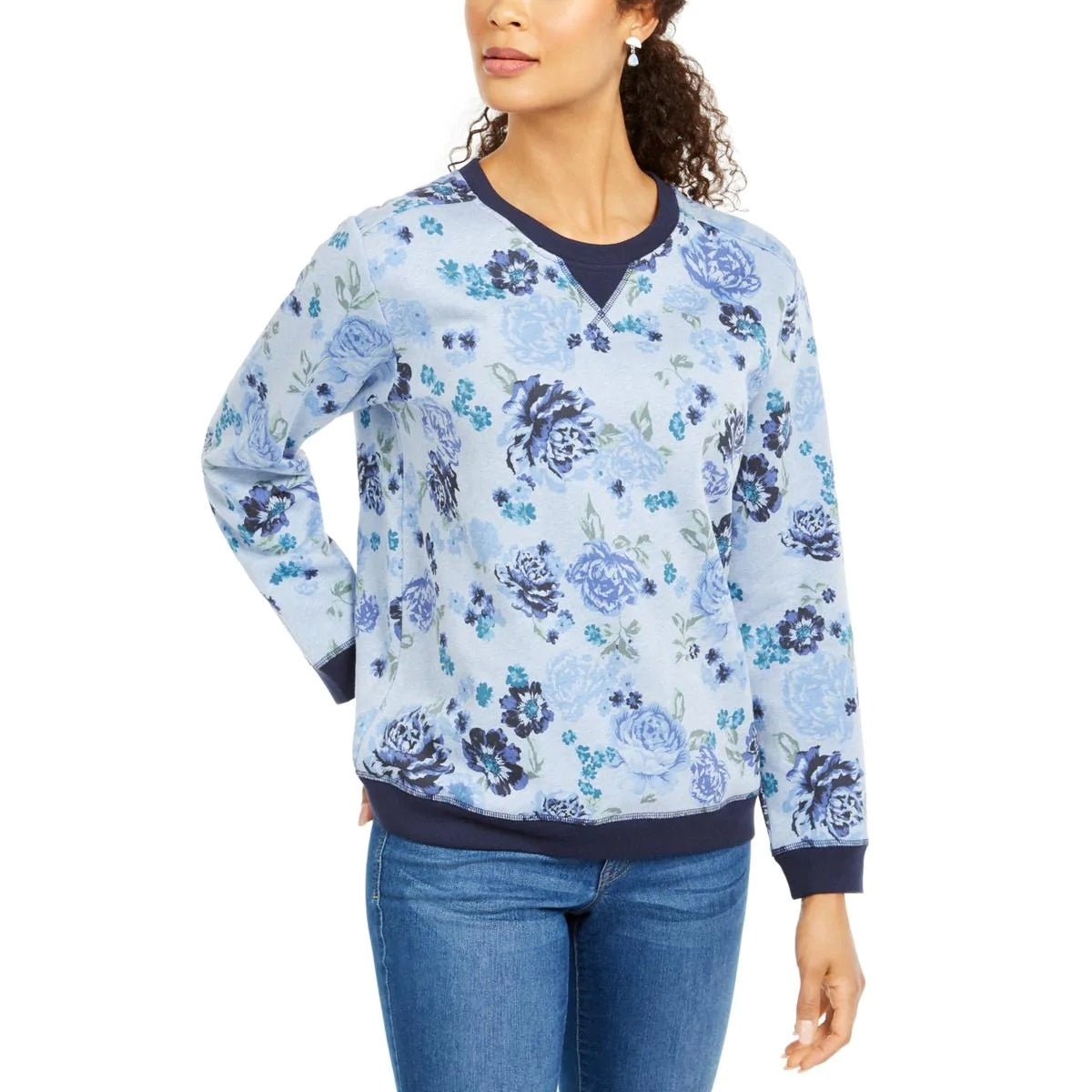 Karen Scott Women's Sport Ribbed Trim Pullover Top Blue  Size X-Small