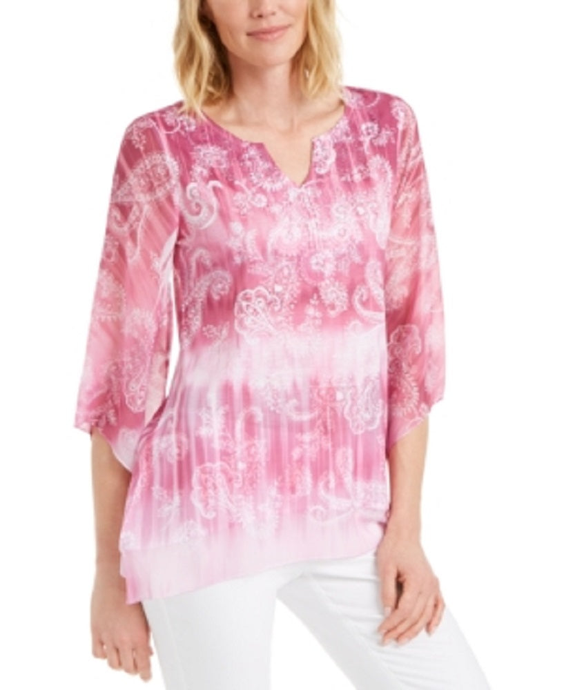 JM Collection Women's Paisley Print Embellished Split Neck Top Pink Size X-Large
