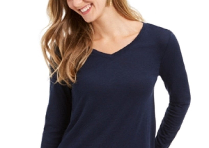 Style & Co. Women's V Neck Long Sleeve Shirt Blue Size Medium