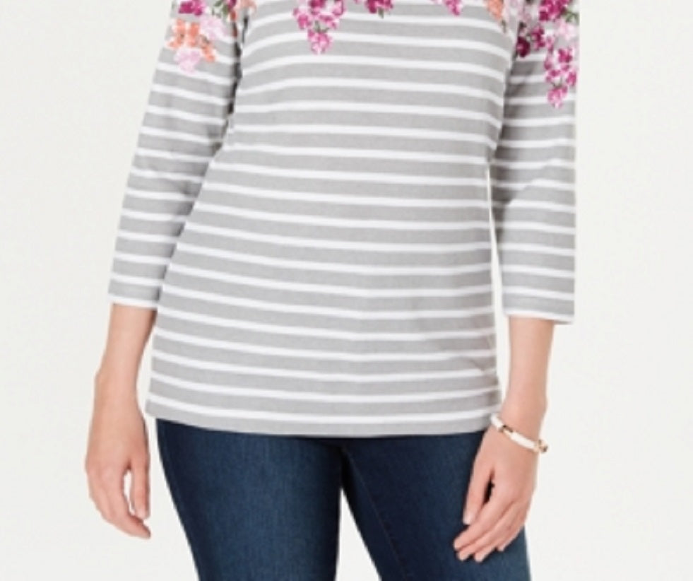 Karen Scott Women's Three Quarter Sleeve Printed Top Red Size X-Large